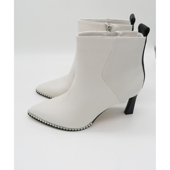 BCBGeneration White Leather Ankle Boots Rhinestone Black Heel Side Zipper 8.5 - Picture 3 of 7